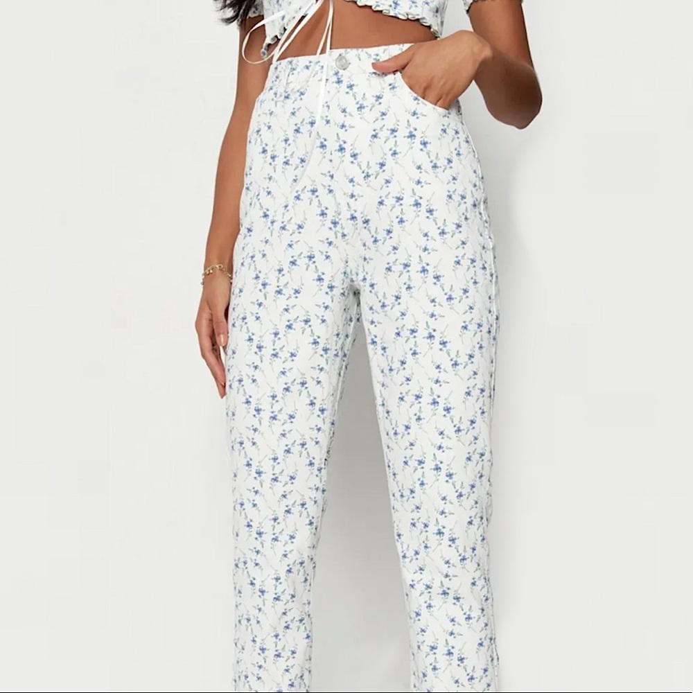 ZARA High Waisted White Linen Seersucker Floral Pants Buckle Back Size Small